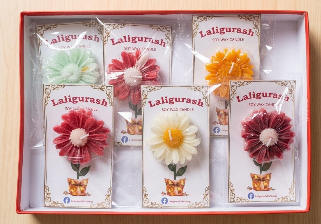 Six daisy candles packed on Laligurash cards in a gift box