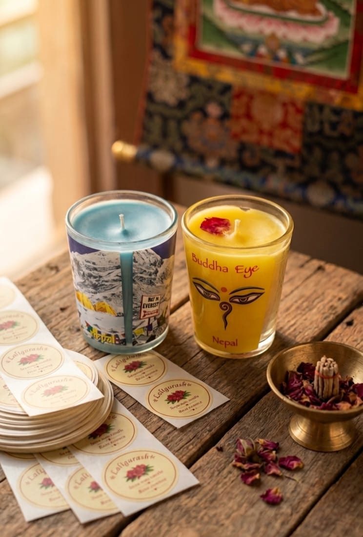 Souvenir shot glass candles with Nepali prints